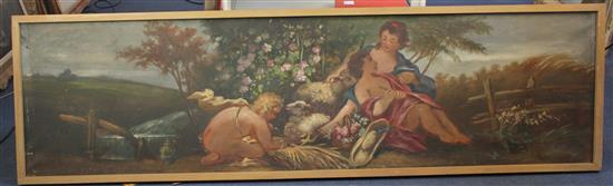 English School c.1900 Putti in classical landscapes, 17.5 x 66.5in, one 17.5 x 64in.